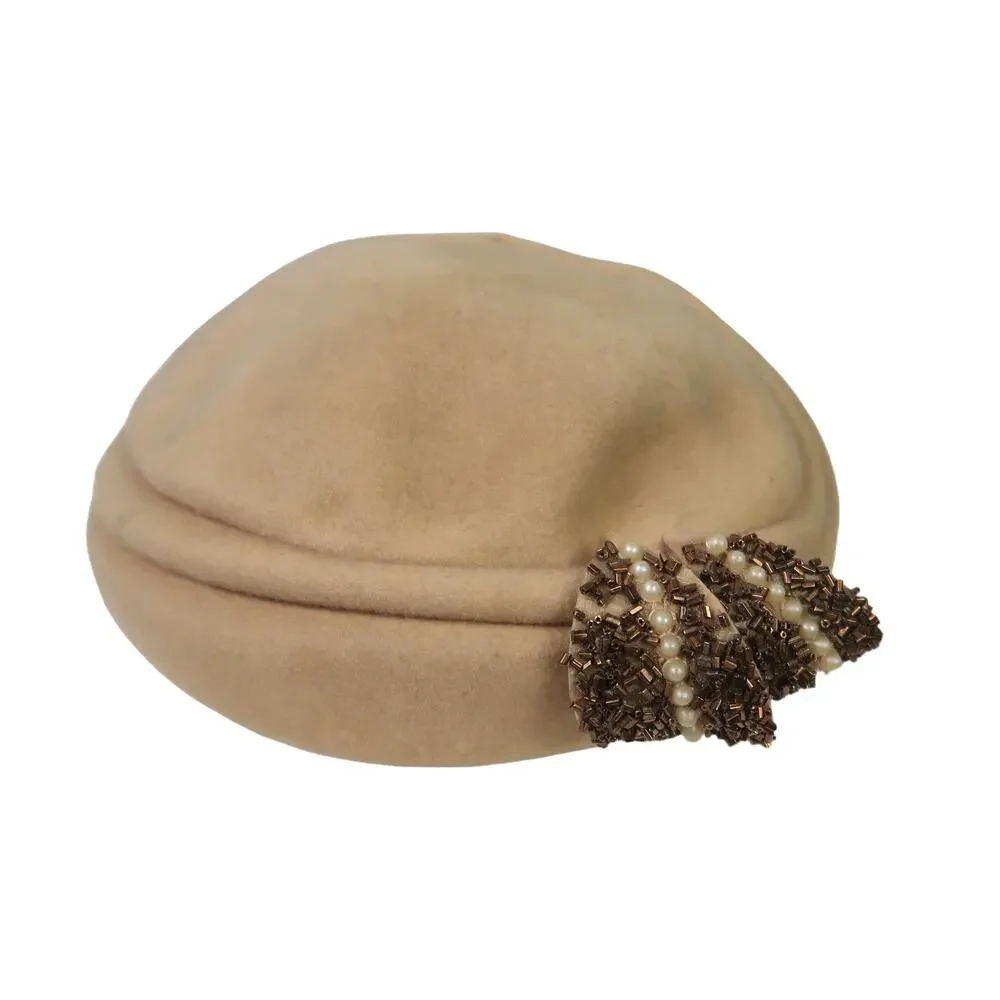 Vintage 50's tan felt wool bead embellished fascinator beret hat - Picture 1 of 8